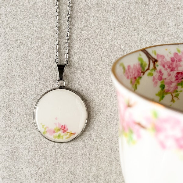 Royal Albert Blossom Time Necklace • Handmade Pendant Necklace featuring Pink Apple Blossom Flowers made from Vintage Broken China