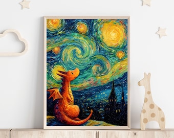 Baby Dragon Starry Night Print, Whimsical Fantasy Nursery Wall Art (Digital Download)