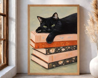 Lámina con diseño de gato negro sobre libros, ideal para decorar un acogedor rincón de lectura (descarga digital).