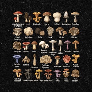 Può includere: Illustrazione dettagliata di varie specie di funghi, tra cui spugnole, finferli e vesce, su sfondo scuro. Ogni fungo è etichettato con il suo nome comune, come 'Amanita muscaria' e 'Shaggy Mane'.