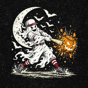 May include: A graphic illustration of a ghost wearing a baseball uniform and cap, swinging a bat to hit a jack-o'-lantern pumpkin shaped like a baseball. The scene features a crescent moon and flying bats against a dark background.