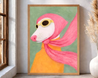 Lámina decorativa con retrato de galgo whippet y bufanda rosa, estilo arte mural (descarga digital).