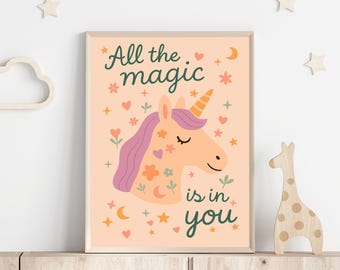 Decoración de pared infantil con unicornios, decoración original para la habitación de niñas, lámina con mensaje positivo (descarga digital).