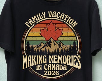Vacaciones familiares en Canadá 2026: Montañas con hojas de arce estilo retro (PNG SVG)