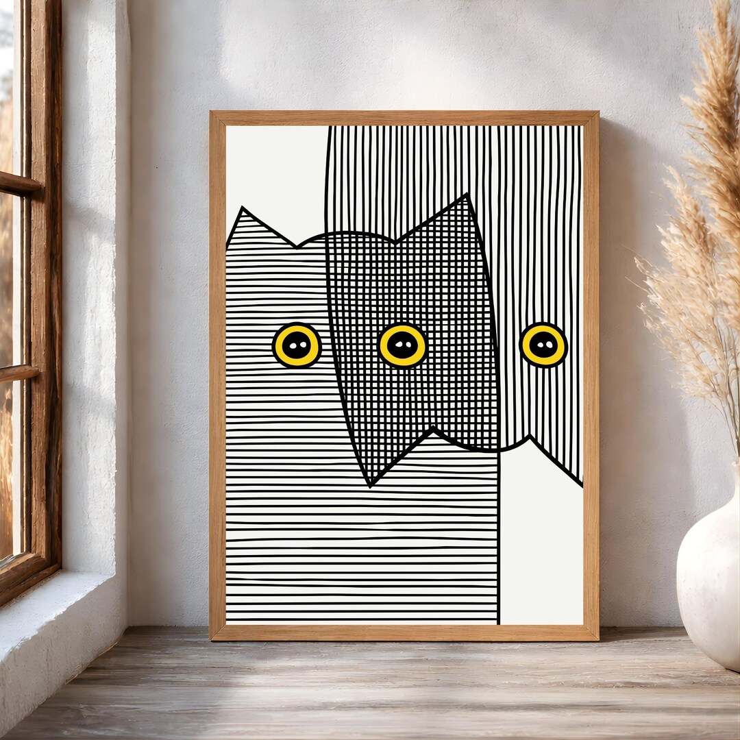 Abstract Geometric Cat Wall Art, Black White Line Art Poster (digital ...