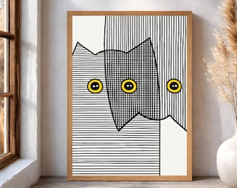 Póster abstracto geométrico de gato para pared, arte lineal en blanco y negro (descarga digital)