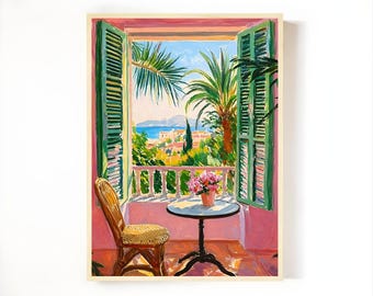 Lámina decorativa de balcón mediterráneo: vistas al océano, palmeras y ambiente veraniego (descarga digital).