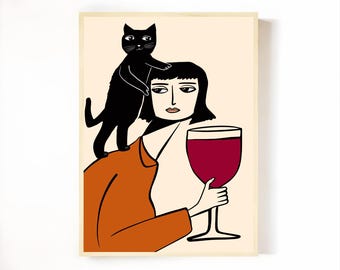 Lámina artística "Mujer, gato, vino", póster figurativo moderno, decoración para carrito de bar (descarga digital)