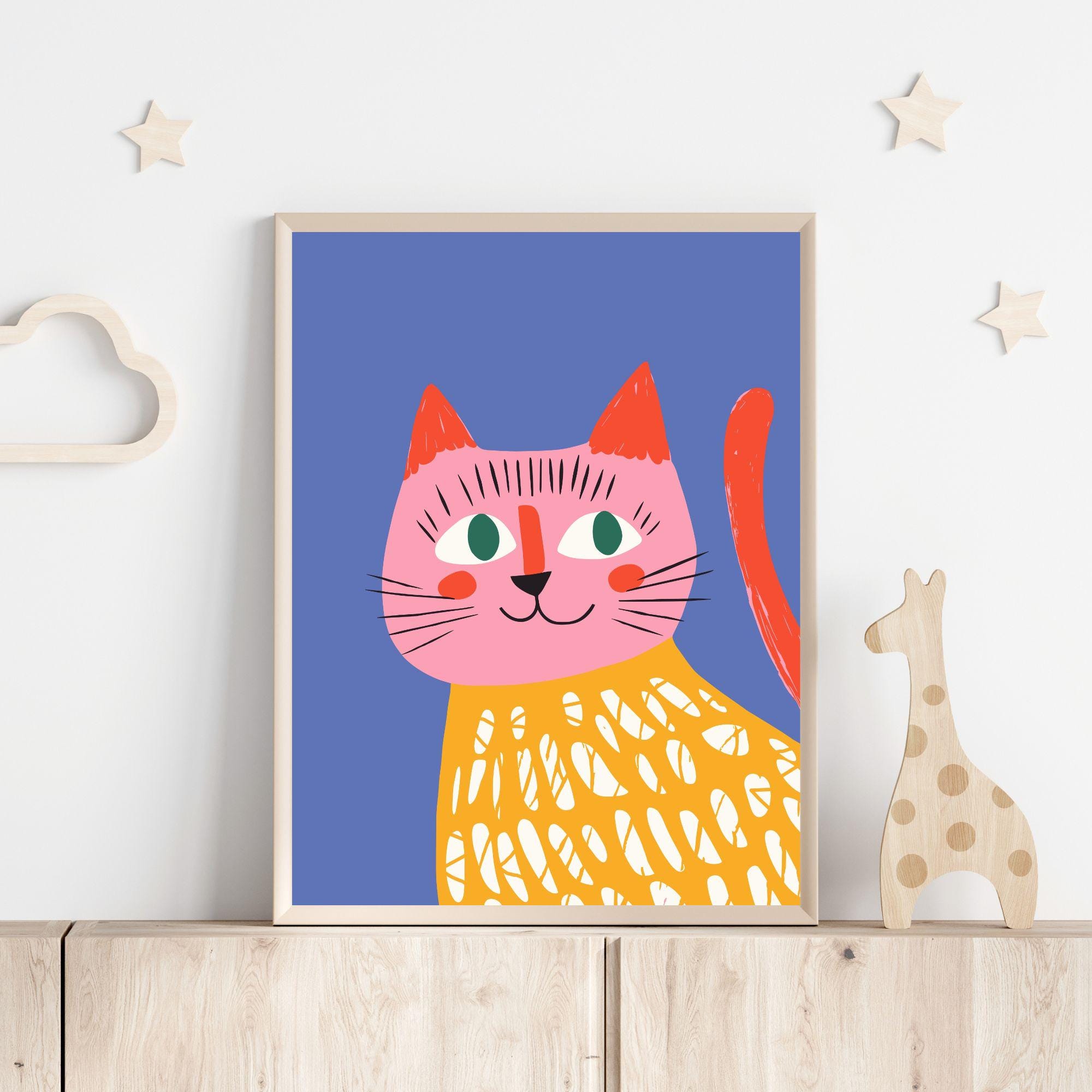 Colorful Cat Nursery Print Printable, Whimsical Kitten Wall Art, Retro ...