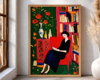 Woman Reading Wall Art Print, Book Lover Poster, Colorful Library Decor, Reading Nook Bookshelf Printable