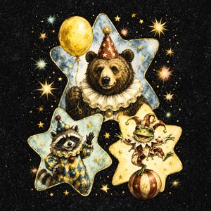May include: A brown bear wearing a party hat and ruffled collar holds a yellow balloon, a raccoon in a checkered outfit waves, and a frog in a jester costume balances on a ball, all set against a black background with golden stars.