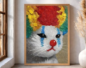 Lámina artística de gato payaso, decoración surrealista de circo para pared, retrato original (descarga digital)