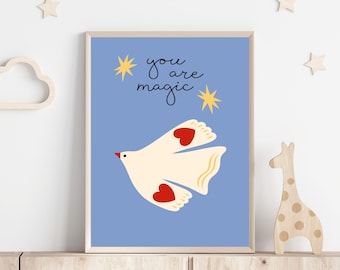 Lámina "Eres mágica", arte minimalista de paloma para habitación infantil (descarga digital)
