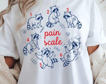 Escala del dolor Enfermera mapache PNG, diseño divertido de humor de enfermería, imágenes prediseñadas médicas de enfermeras registradas y auxiliares de enfermería, descarga de archivo digital para sublimación de trabajadores de la salud