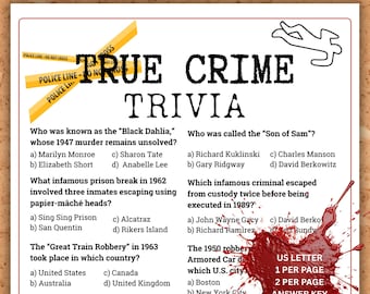 True Crime Trivia Game, True Crime Pub Trivia Halloween Game Night, Halloween True Crime Office Party Ice Breaker Multiple Choice Quiz Game