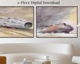 Masculine Wall Art 2-Piece Set | Vintage Motorsport Racing Prints for Bachelor Pad, Man Cave or Office Decor (Downloadable)