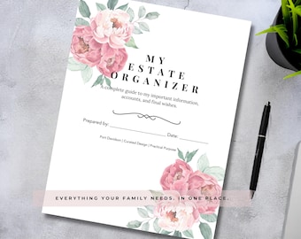 End of Life Planner Printable | Estate Organizer | Peony Floral Legacy Planner for Final Wishes, Important Documents and Family Records