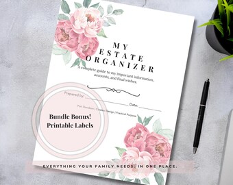 End of Life Planner Printable | Estate Organizer Bundle with File Folder Labels | Pink Peony Design (Digital Download)