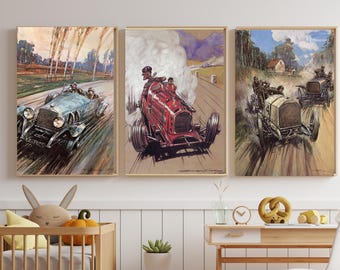 Masculine Wall Art Gallery Set | Vintage Race Car Decor for Boy Nursery, Playroom or Bachelor Pad