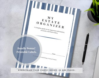 End of Life Planner Printable | Estate Organizer Bundle with File Folder Labels | Navy Stripe Design | Father's Day Gift (Digital Download)