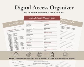 Living Alone Organizer, Password and Subscription Tracker, Digital Assets Guide for Your Emergency Binder, Fillable and Printable PDF