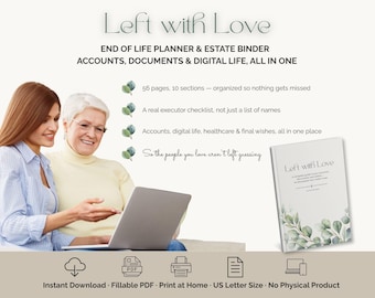 End of Life Planner with Executor Check List, Funeral Planning, Digital Access Guide and Important Document locator, Fillable, Printable PDF
