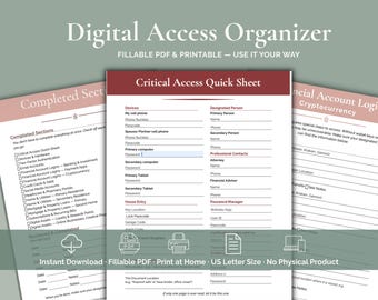 Digital Assets Organizer, Password and Subscription Tracker for Your Emergency Binder and End of Life Planner, Fillable & Printable PDF