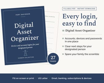 Password and Subscription Tracker, A Digital Assets Organizer for Your Emergency Binder and End of Life Planner, Fillable and Printable PDF