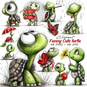 May include: A collection of whimsical cartoon turtle illustrations. The turtles are depicted in various poses, some holding objects like a magnifying glass, a gift, and a flower. The image includes the text "Funny Cute Turtle".