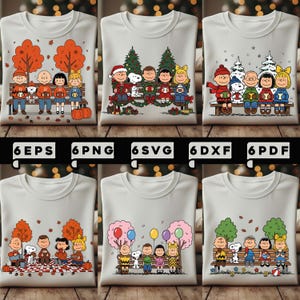 Könnte beinhalten: Eine Kollektion hellgrauer Rundhals-Sweatshirts mit Cartoon-Charakteren in verschiedenen saisonalen Szenen. Die Designs umfassen Herbstblätter, Weihnachtsbäume und Winterschnee, mit Text am unteren Rand, der Dateiformate angibt.