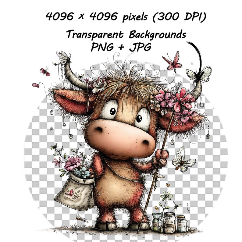 May include: A whimsical illustration of a cartoon cow with large eyes, adorned with flowers and butterflies. The cow holds a staff with flowers and a bag of blooms. The image includes text: "4096 x 4096 pixels (300 DPI) Transparent Backgrounds PNG + JPG."
