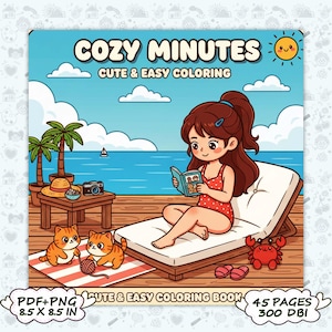 Puede incluir: Una portada de libro para colorear con el título "COZY MINUTES" y el subtítulo "CUTE & EASY COLORING". La ilustración muestra a una mujer de dibujos animados leyendo en una tumbona, con gatitos, un cangrejo y una escena de playa. El libro mide 21.6 x 21.6 cm.