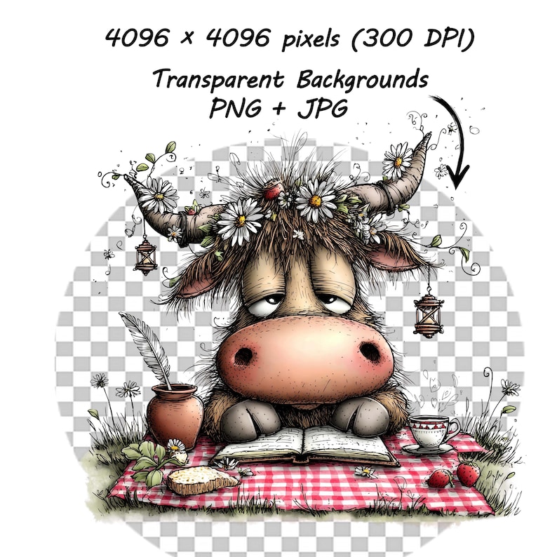 May include: A whimsical illustration of a cow with a daisy crown, reading a book on a picnic blanket. The image includes a teacup, strawberries, and a small jar with a feather. Text at the top reads "4096 x 4096 pixels (300 DPI) Transparent Backgrounds PNG + JPG".
