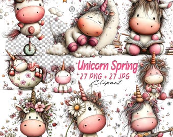 May include: A collection of whimsical unicorn illustrations in soft pastel colors. The unicorns are depicted in various poses, including riding a unicycle, reading a book, and playing a ukulele. The text "Unicorn Spring" is also present.