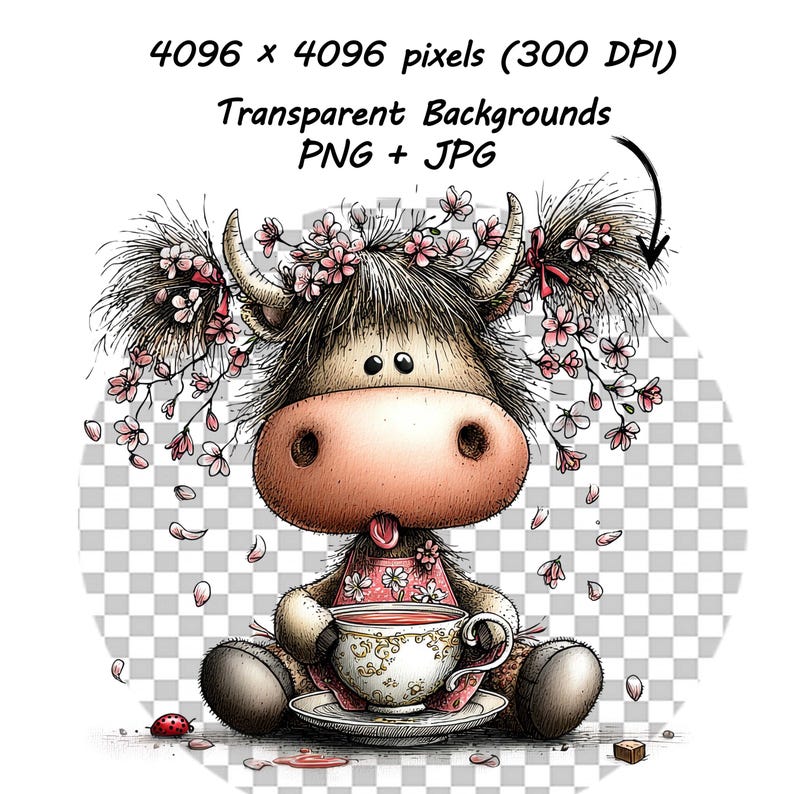 May include: A whimsical illustration of a cow with a pink nose, wearing a floral apron, and a flower crown. The cow is holding a teacup with a floral design. The image includes the text "Transparent Backgrounds PNG + JPG".