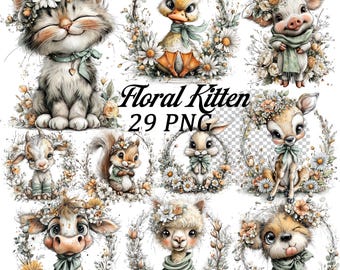 May include: A collection of watercolor illustrations featuring adorable animals, each adorned with floral wreaths and bows. The image includes a kitten, duckling, piglet, goat, squirrel, bunny, deer, cow, llama, and puppy. Text reads "Floral Kitten 29 PNG."
