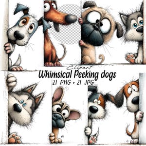 Könnte beinhalten: Verspielte Illustration von mehreren Cartoon-Hunden, die hinter einer weißen Oberfläche hervorblicken. Die Hunde haben ausdrucksstarke Augen und verschiedene Fellfarben, darunter Braun, Schwarz und Grau. Der Text "Whimsical Peeking dogs" ist darunter abgebildet.