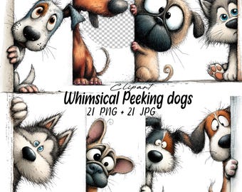 May include: A collection of cartoon dog illustrations peeking from behind a white surface. The dogs feature exaggerated expressions and diverse fur colours, such as brown, black, and grey. The text "Whimsical Peeking dogs" is displayed below the dogs.