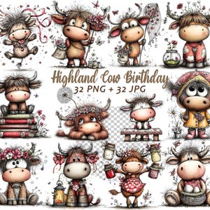 May include: A collection of whimsical illustrations featuring cartoon Highland cows. Each cow is depicted in various poses, adorned with flowers, and holding objects like jars and books. The phrase "Highland Cow Birthday" is displayed.