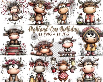 May include: A collection of whimsical illustrations featuring cartoon Highland cows. Each cow is depicted in various poses, adorned with flowers, and holding objects like jars and books. The phrase "Highland Cow Birthday" is displayed.
