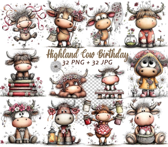Whimsical Highland Cow Clipart Bundle | 32 PNG JPG Birthday Spring Nursery Animals Digital Download