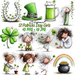 May include: A collection of St. Patrick's Day-themed clipart including a horseshoe, a green leprechaun hat, a pint of green beer, and illustrations of girls with clovers. The text "St Patricks Day Girls" is also included.