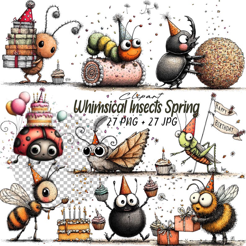 Celebrating Insects Whimsical Insects Clipart 27 PNG Watercolor Bugs Butterflies Spring ...