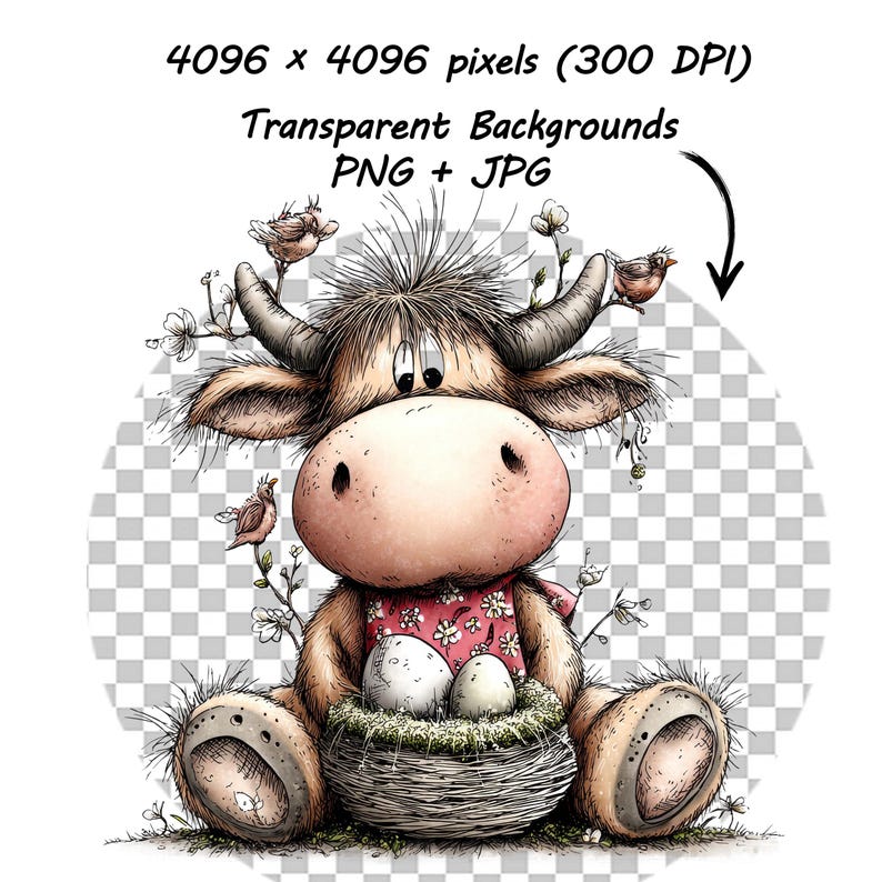 May include: A whimsical watercolor illustration of a cow-like creature with large eyes, holding a woven basket with two eggs. The cow wears a floral scarf and is adorned with small birds and flowers. The image includes the text: "4096 x 4096 pixels (300 DPI) Transparent Backgrounds PNG + JPG."