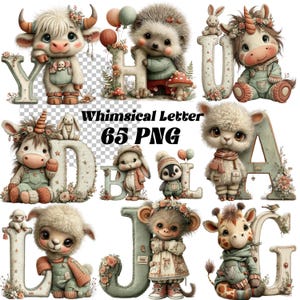 Könnte beinhalten: Eine Sammlung skurriler Buchstabenentwürfe, jeweils mit einem niedlichen Tiercharakter. Die Buchstaben sind mit floralen Akzenten verziert und das Bild enthält den Text "Whimsical Letter 65 PNG". Die Tiere umfassen eine Kuh, einen Igel, ein Einhorn, ein Lama, ein Kaninchen, einen Pinguin, einen Affen und eine Giraffe.