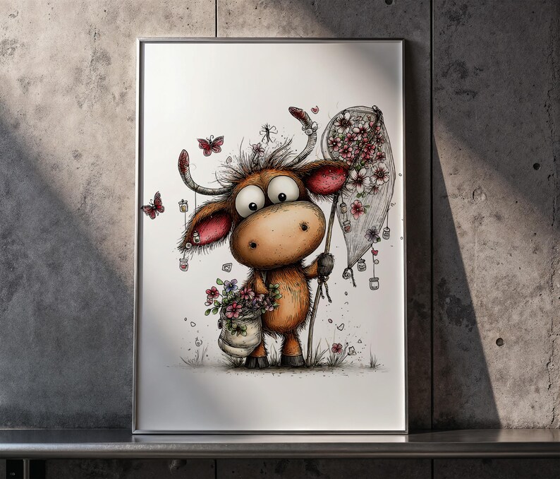 May include: A framed print featuring a whimsical cartoon cow with large eyes, holding a flower net and a pot of flowers. The cow is brown and tan with red accents, surrounded by butterflies and flowers. The artwork has a hand-drawn style.