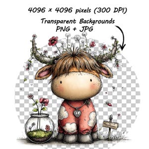 May include: A whimsical illustration of a Highland cow with floral antlers, wearing a red outfit with white cloud accents. A glass jar with flowers and a small wooden sign are in the foreground. The image includes the text "4096 x 4096 pixels (300 DPI) Transparent Backgrounds PNG + JPG".