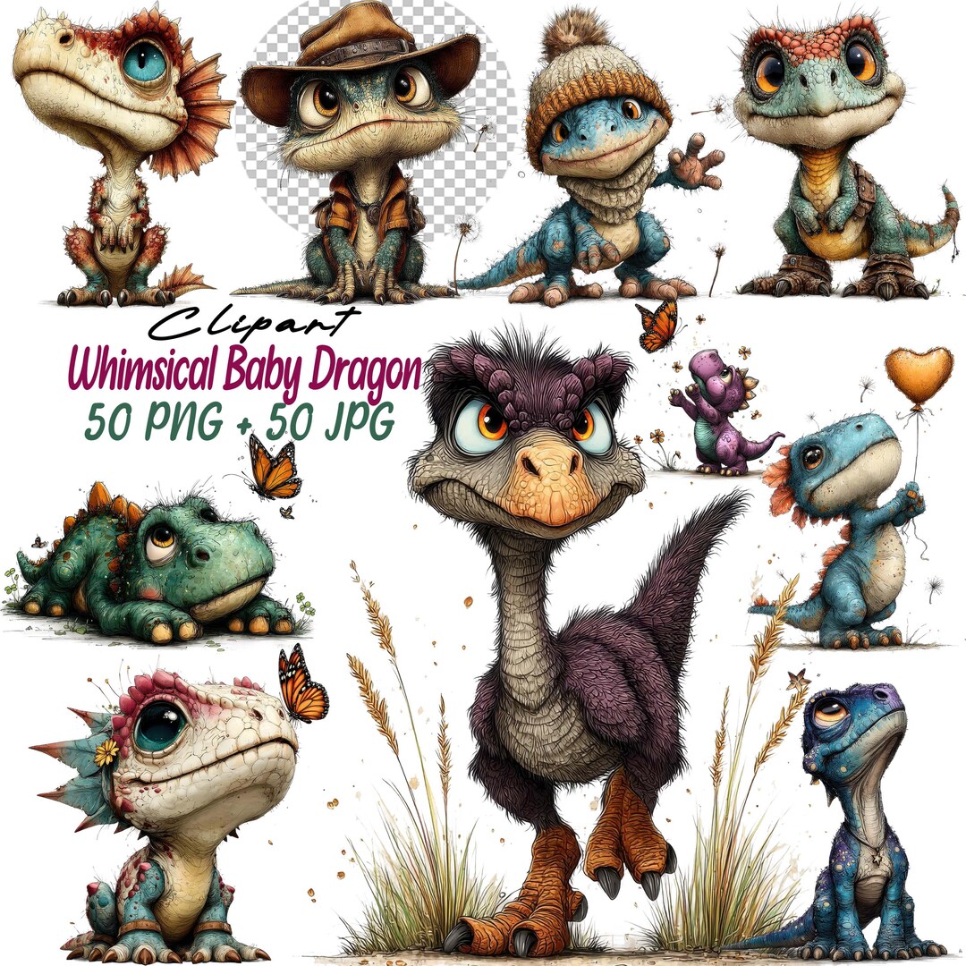 Whimsical Baby Dragon Clipart Set 50 PNG Lizard Fantasy Creatures ...