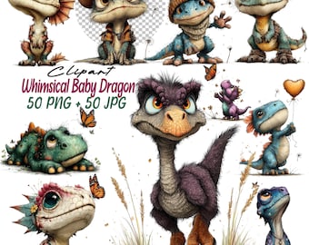 Whimsical Baby Dragon Clipart Set 50 PNG Lizard Fantasy Creatures Dinosaur Kids Nursery Download