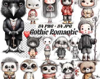 Gothic Valentine Clipart, Dark Romance Illustrations (PNG JPG)